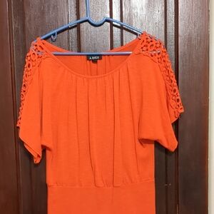 A. Byer Vibrant Orange Blouse with Crochet Sleeves